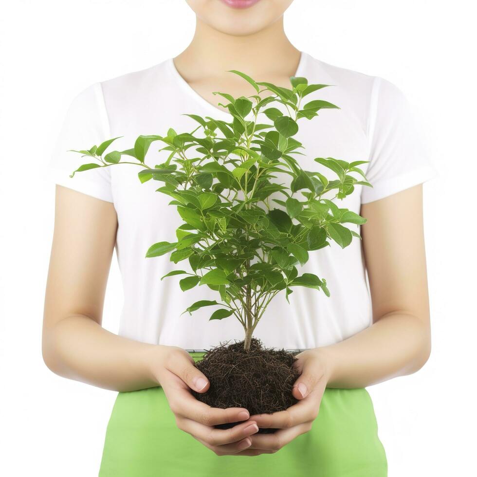 milieu aarde dag in de boom fabriek in vrouw hand- geïsoleerd Aan wit achtergrond. Woud behoud concept, concept eco aarde dag. besparing de omgeving, ecologie concept, genereren ai foto