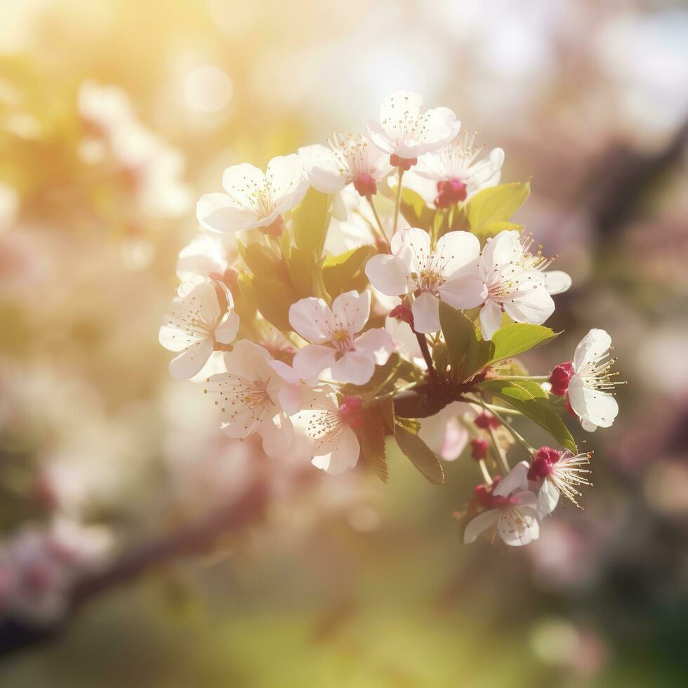 voorjaar bloesem achtergrond. natuur tafereel met bloeiend boom en zon gloed. voorjaar bloemen. mooi boomgaard , genereren ai foto