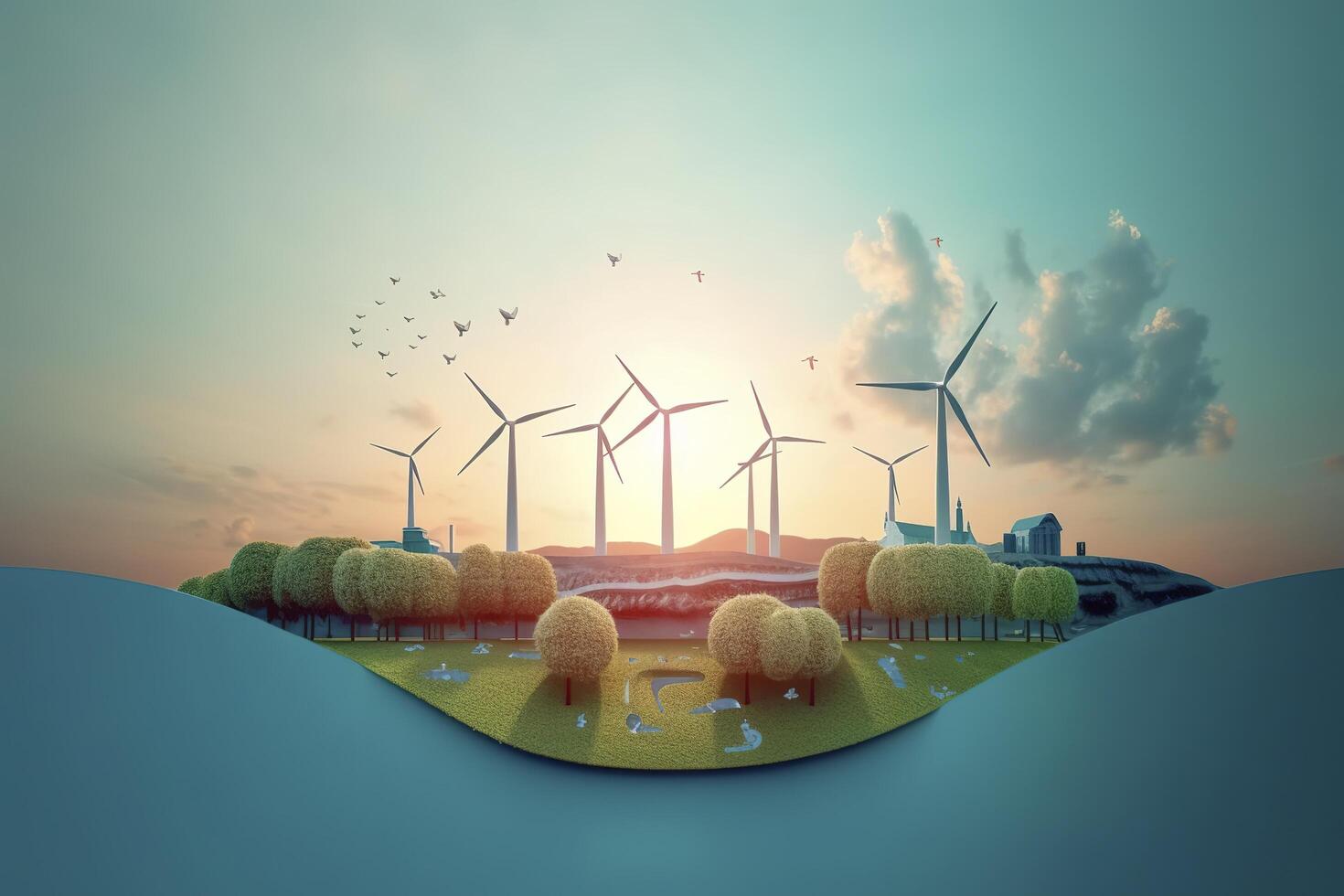 hernieuwbaar energie door 2050 koolstof neutrale energie of kas gas- emissie co2, verminderen co2 emissie concept, generatief ai foto