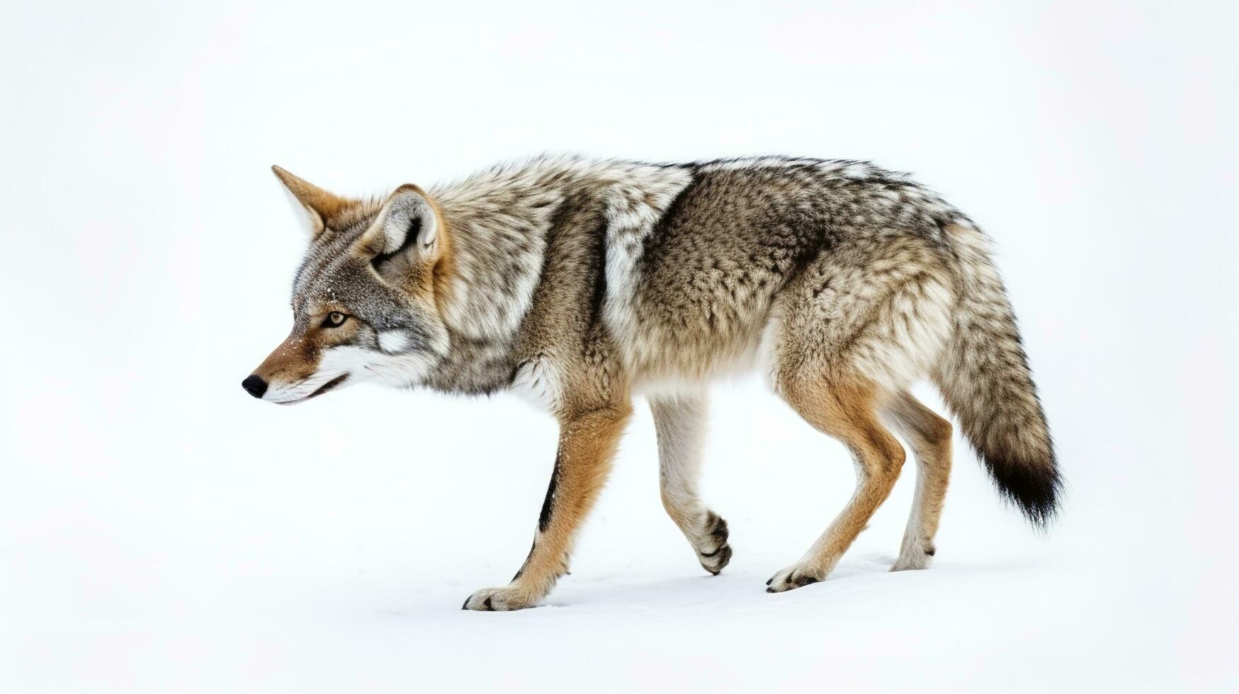 een eenzaam coyote canis latrans geïsoleerd Aan wit achtergrond wandelen en jacht- in de winter sneeuw in Canada, genereren ai foto