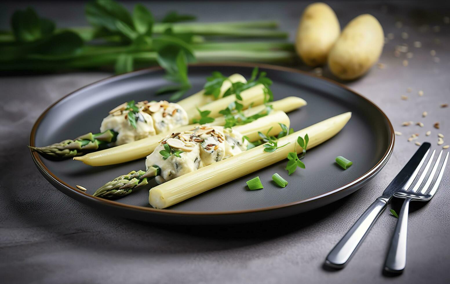 traditioneel Beiers wit asperges geserveerd met wild knoflook en amandel boter detailopname Aan een nordic ontwerp bord met kopiëren ruimte, genereren ai foto