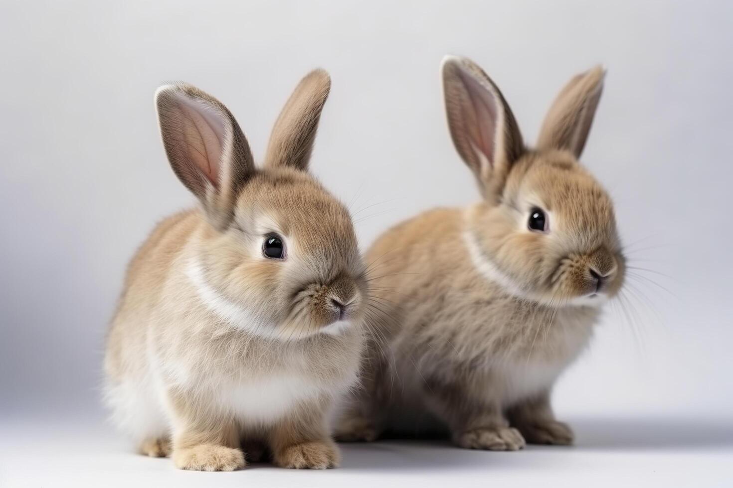 voorkant visie van schattig baby konijnen Aan wit achtergrond, weinig schattig konijnen zittend met lief actie Aan wit, generatief ai foto