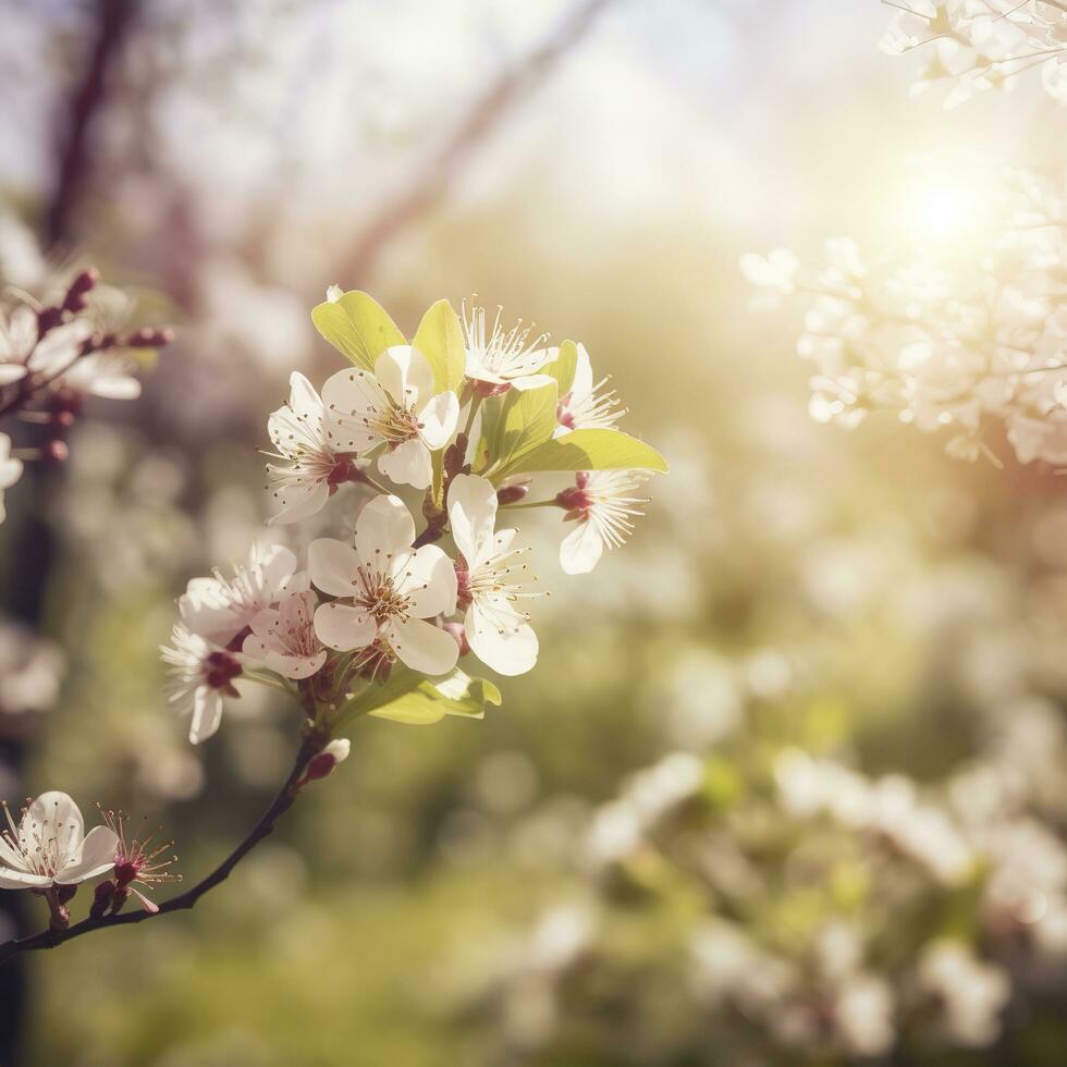 voorjaar bloesem achtergrond. mooi natuur tafereel met bloeiend boom en zon gloed , genereren ai foto