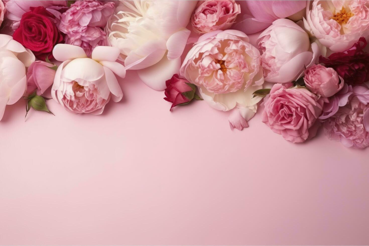 pioenrozen, rozen Aan roze achtergrond met kopiëren ruimte. abstract natuurlijk bloemen kader lay-out met tekst ruimte. romantisch vrouwelijk samenstelling. bruiloft uitnodiging , genereren ai foto