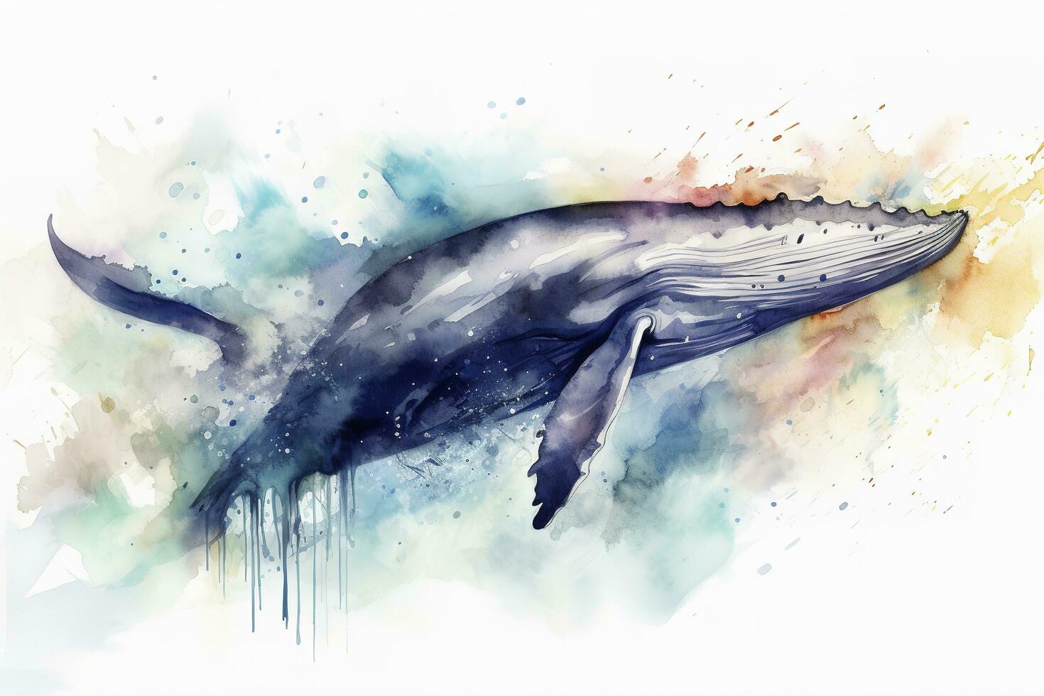 een walvis overtreden in een stormachtig oceaan waterverf schilderen, mooi natuurlijk vormen, knapperig schoon vormen, kleurrijk, wit achtergrond, genereren ai foto