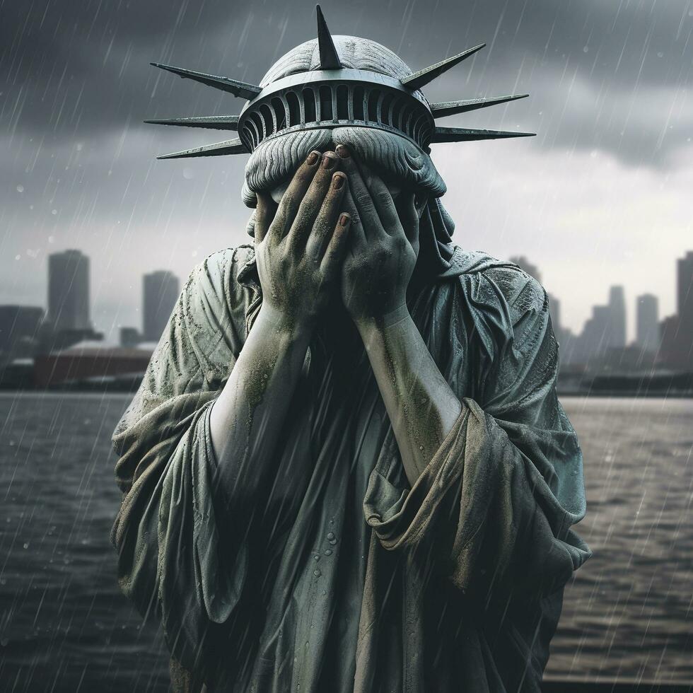 standbeeld van vrijheid huilen met haar handen aan het bedekken haar gezicht, regenen buiten, stad achtergrond, genereren ai foto