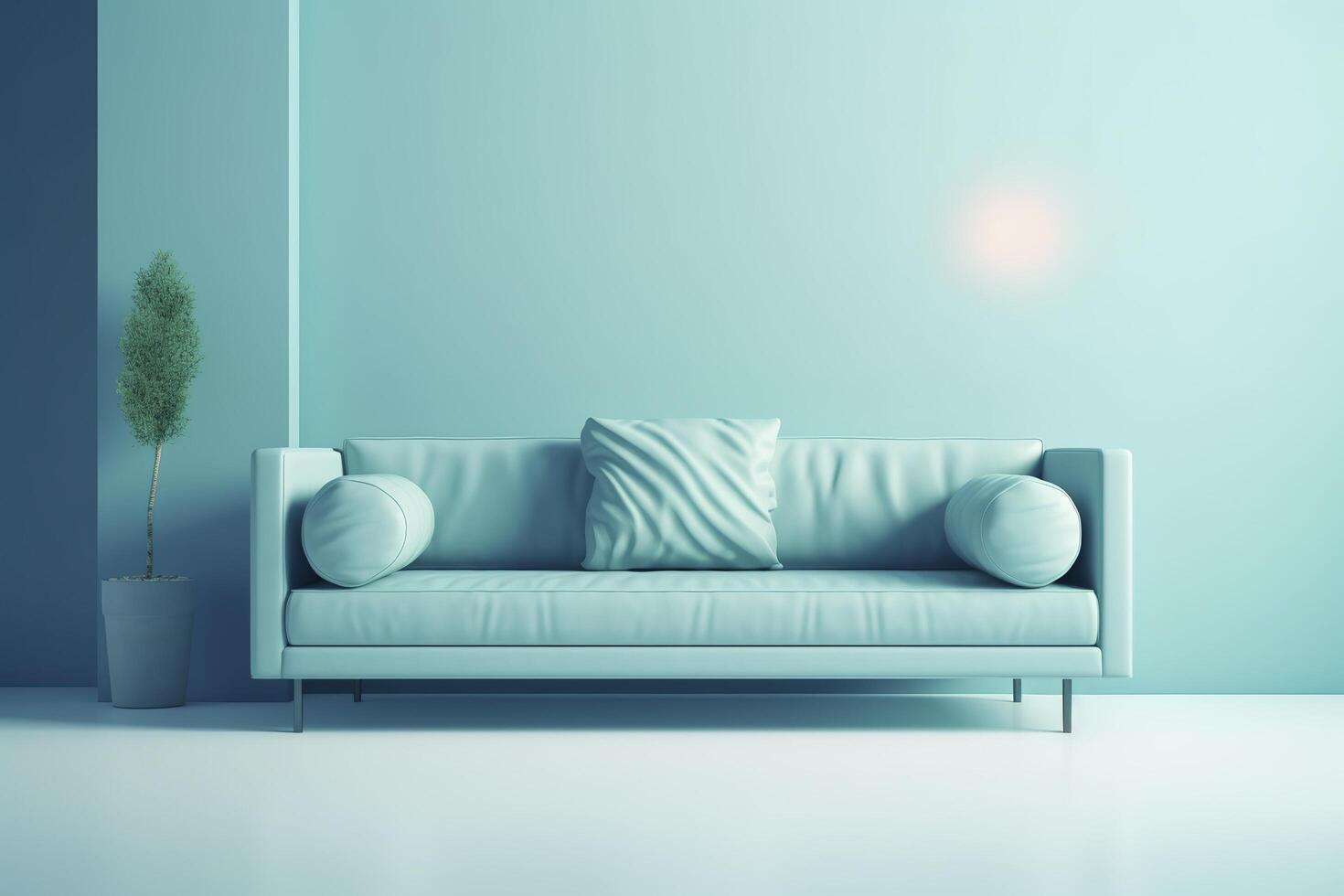 zacht blauw sofa Aan een blauw achtergrond, 3d illustratie, modern minimalistisch leven kamer interieur detail. gezelligheid, sociaal media en uitverkoop concept, creatief advertentie idee, ai gegenereerd afbeelding. foto