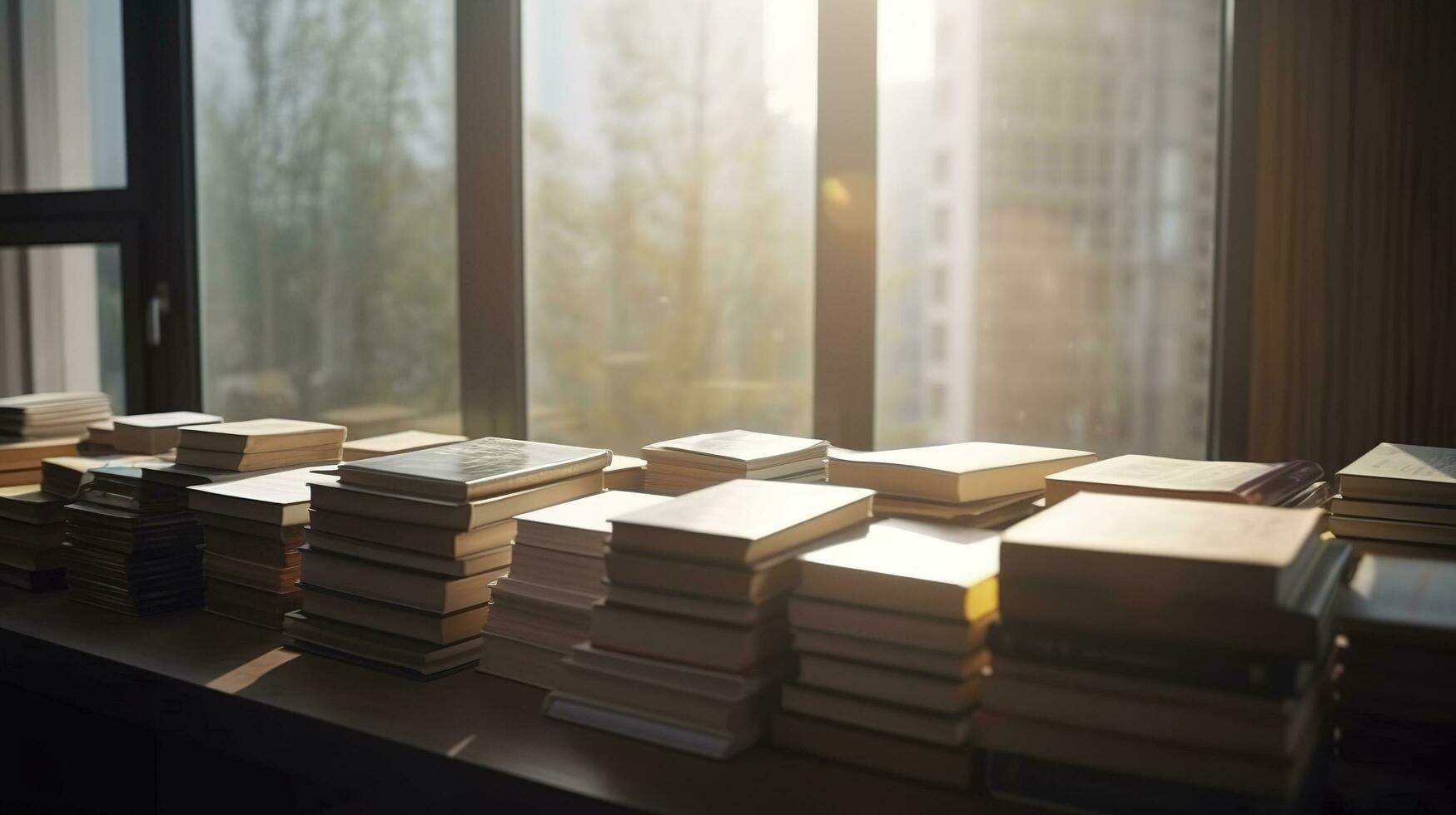 stack van oud boeken in natuur Aan houten bord met wazig groen achtergrond, genereren ai foto