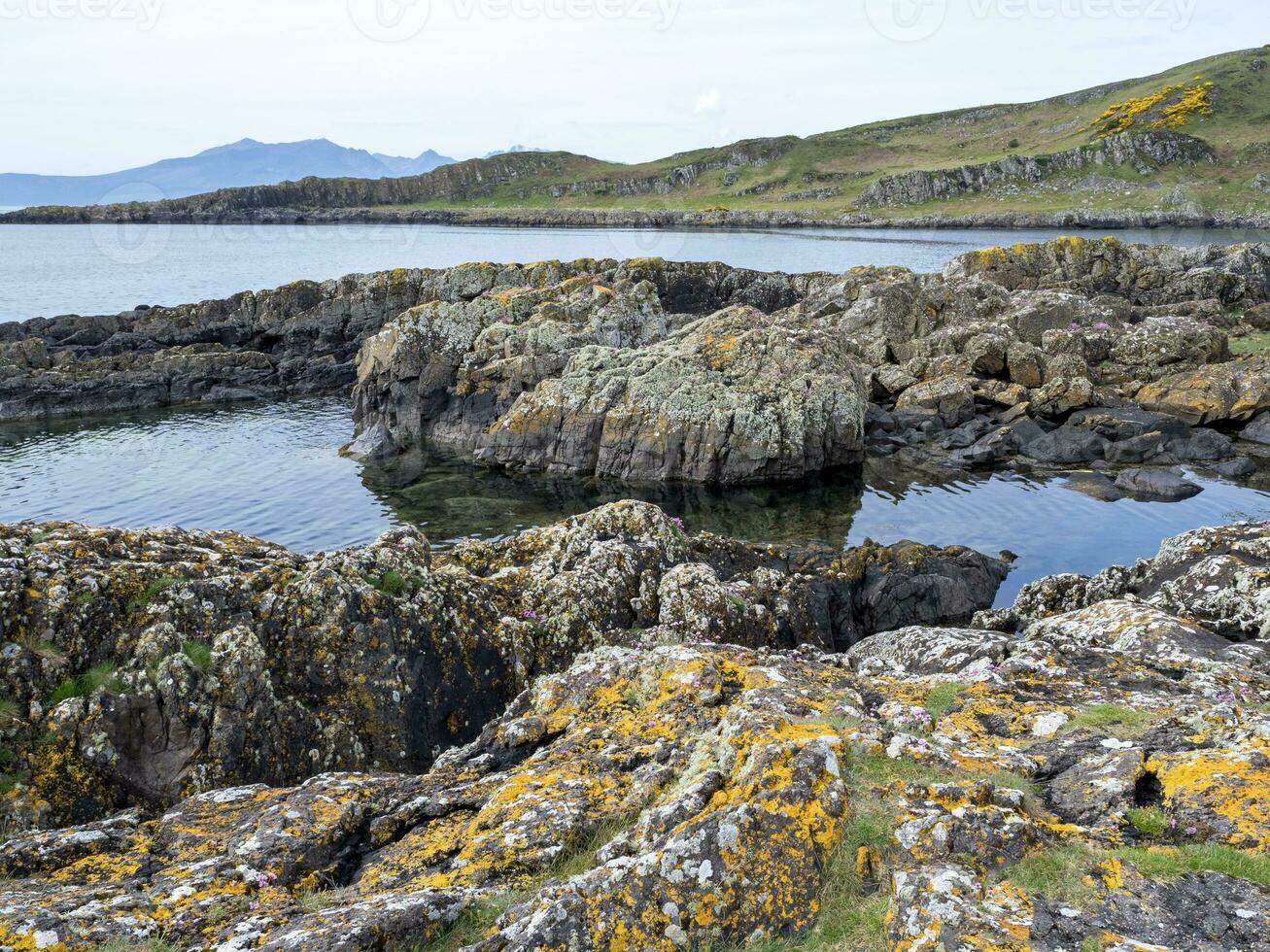 rotsachtig kustlijn Bij glencallum baai, eiland van maar, Schotland foto