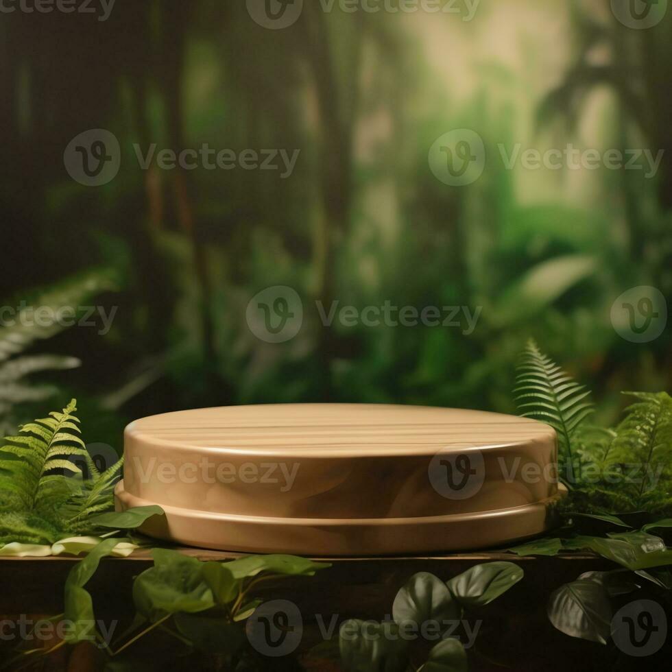 houten Product Scherm podium met wazig natuur bladeren achtergrond foto