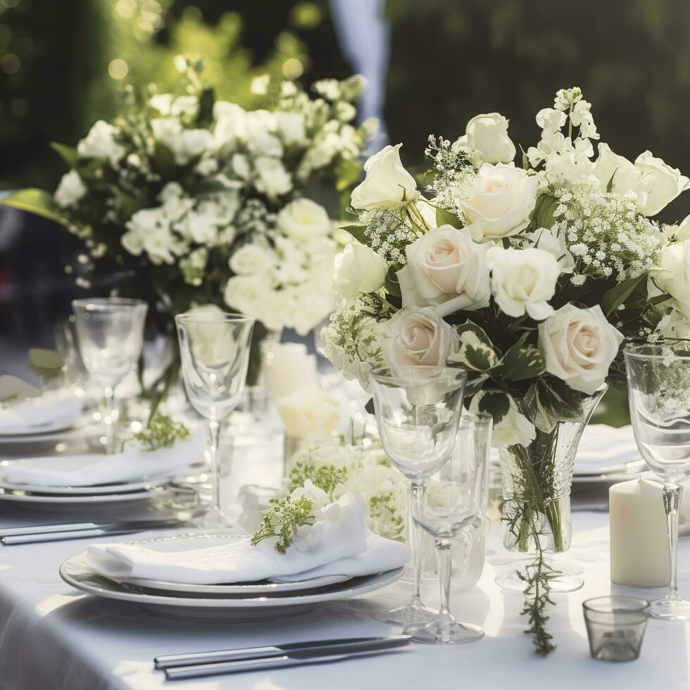 mooi buitenshuis tafel instelling met wit bloemen voor een diner, bruiloft ontvangst of andere feestelijk evenement,, genereren ai foto