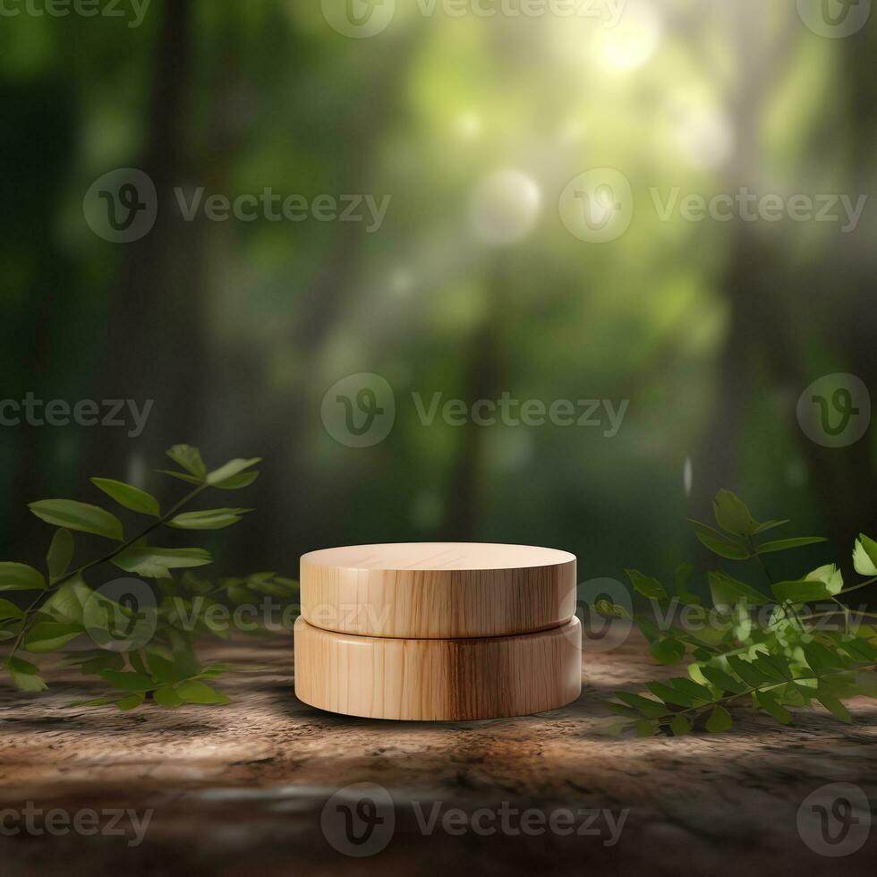 houten Product Scherm podium met wazig natuur bladeren foto
