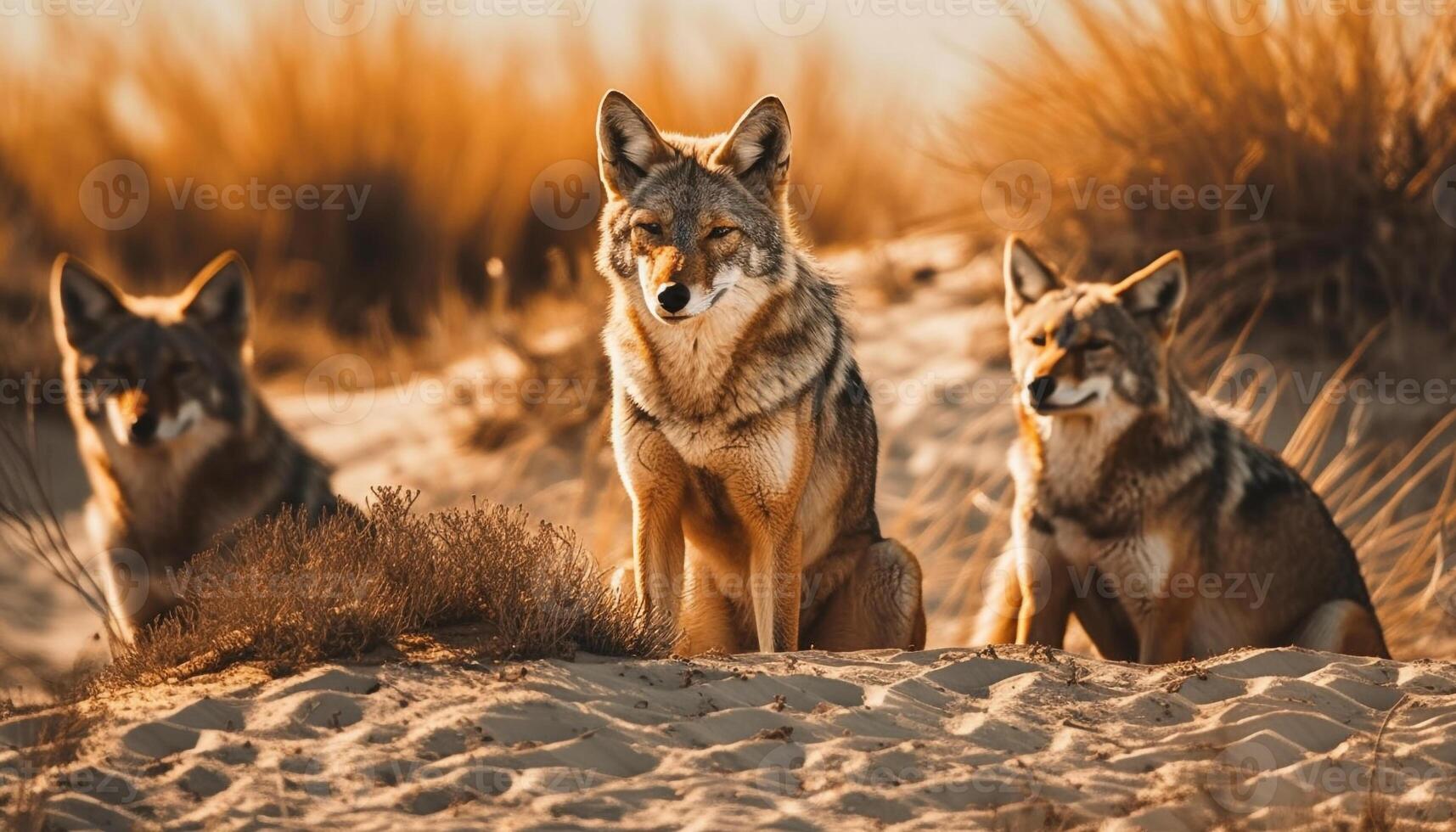 wildernis schoonheid majestueus wolf pak in zonsondergang gegenereerd door ai foto