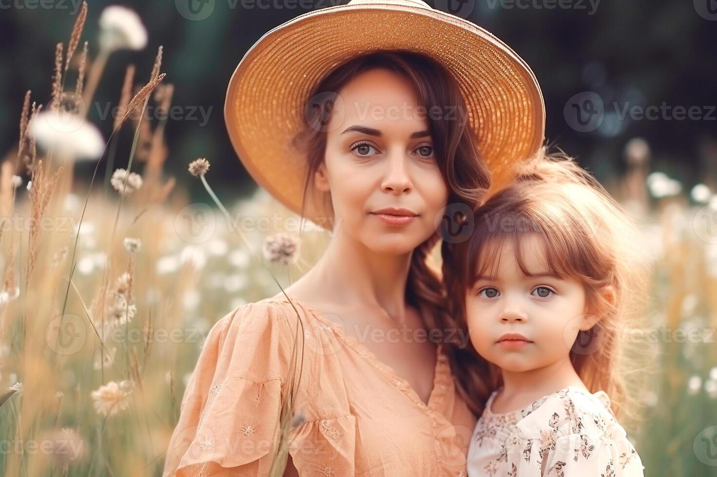 portret van moeder en dochter poseren tussen gras en wild bloemen, ai gegenereerd. foto