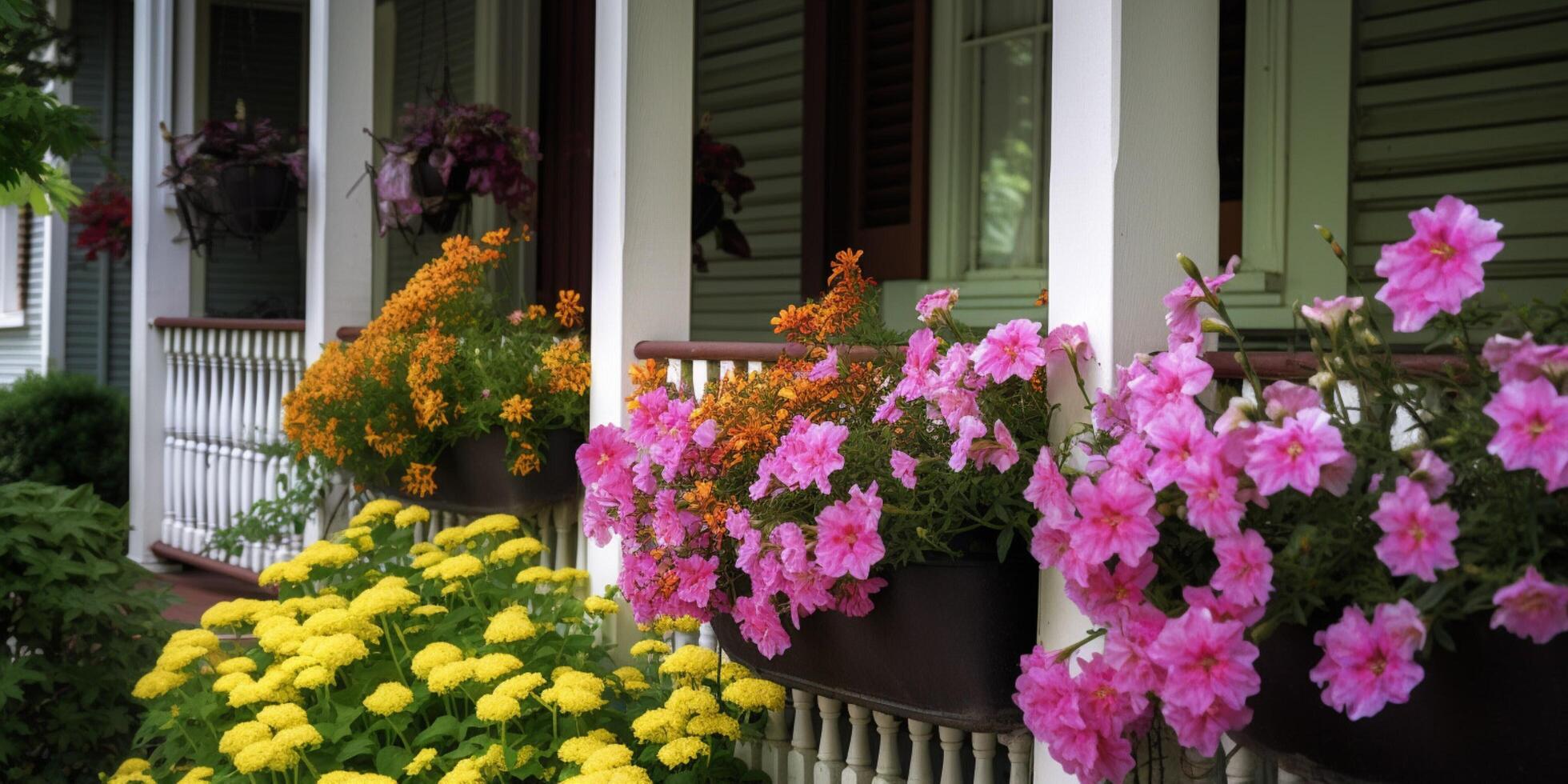 bloeiend bloemen Aan de veranda huis ai gegenereerd foto