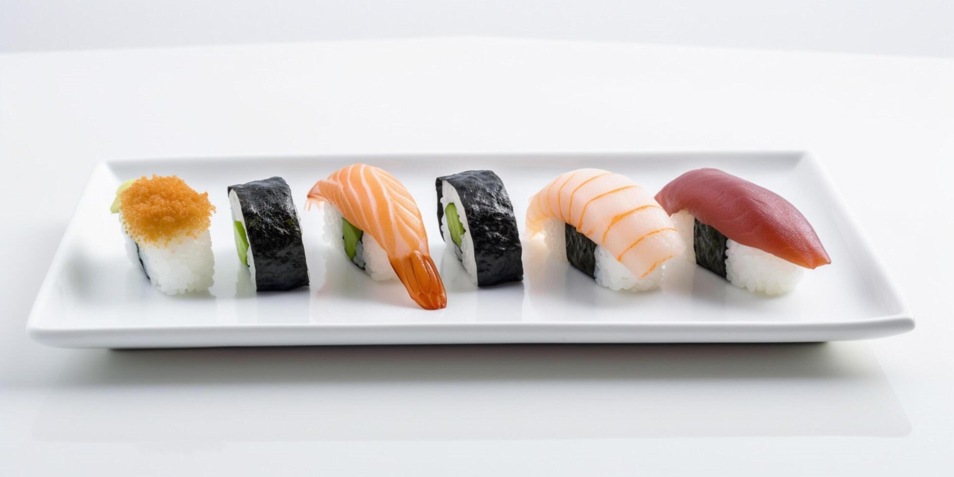 traditioneel variëteiten van Japans sushi Aan wit achtergrond ai gegenereerd foto