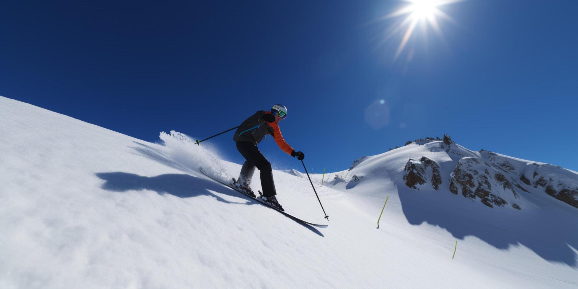 skiër gaan naar beneden een sneeuw berg met blauw lucht ai gegenereerd foto