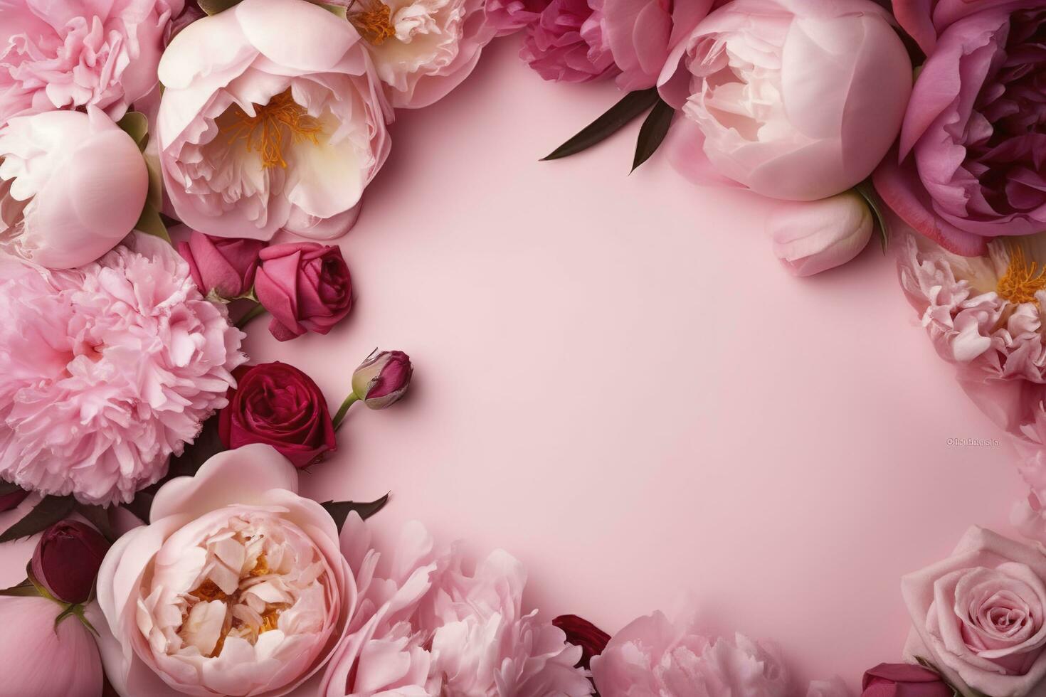 pioenrozen, rozen Aan roze achtergrond met kopiëren ruimte. abstract natuurlijk bloemen kader lay-out met tekst ruimte. romantisch vrouwelijk samenstelling. bruiloft uitnodiging , genereren ai foto