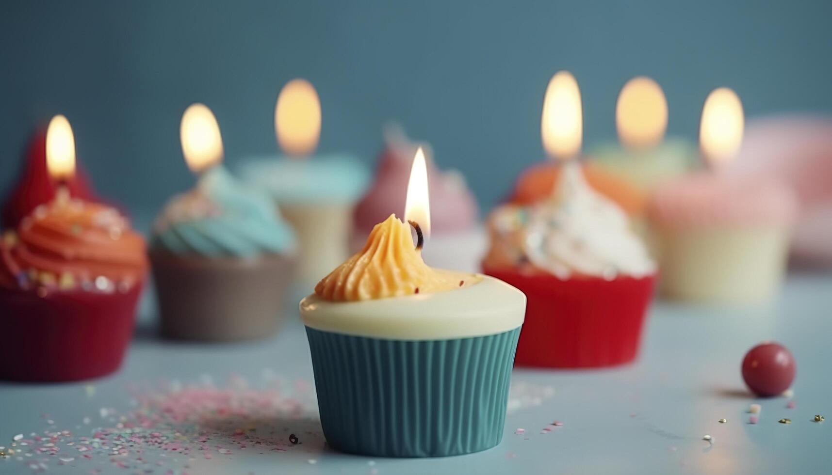 weet kleurrijk verjaardag cupcakes en kaars, generatief ai foto