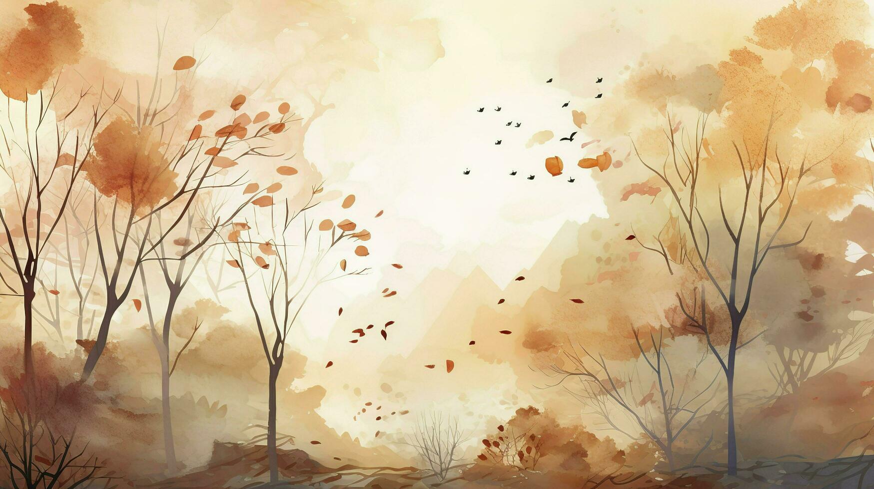herfst achtergrond met waterverf bladeren Aan bovenkant, in de stijl van licht oranje en licht beige, hoog oplossing, gemakkelijk ontwerpen, genereren ai foto