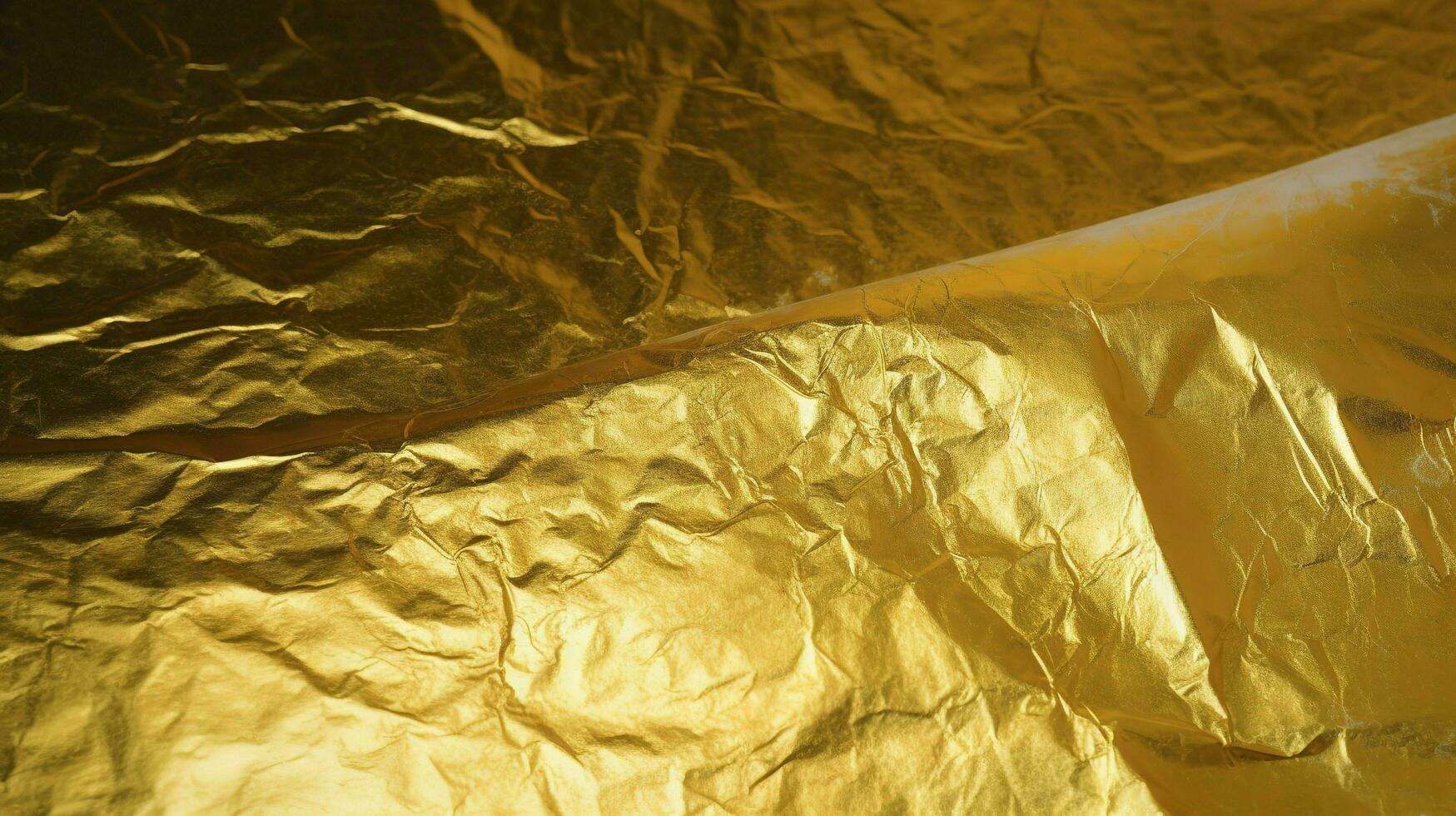 details van gouden structuur achtergrond met helling en schaduw. goud kleur verf muur. luxe gouden achtergrond en behang. goud folie of omhulsel papier, genereren ai foto