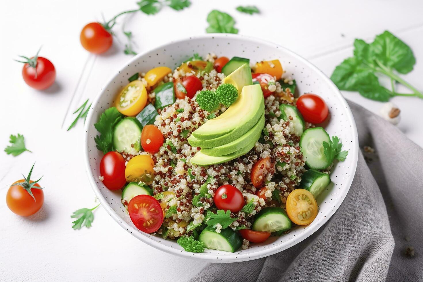 quinoa tabouleh salade met rood kers tomaten, oranje paprika, avocado, komkommers en peterselie. traditioneel midden- oostelijk en Arabisch gerecht. wit tafel achtergrond, top visie, genereren ai foto