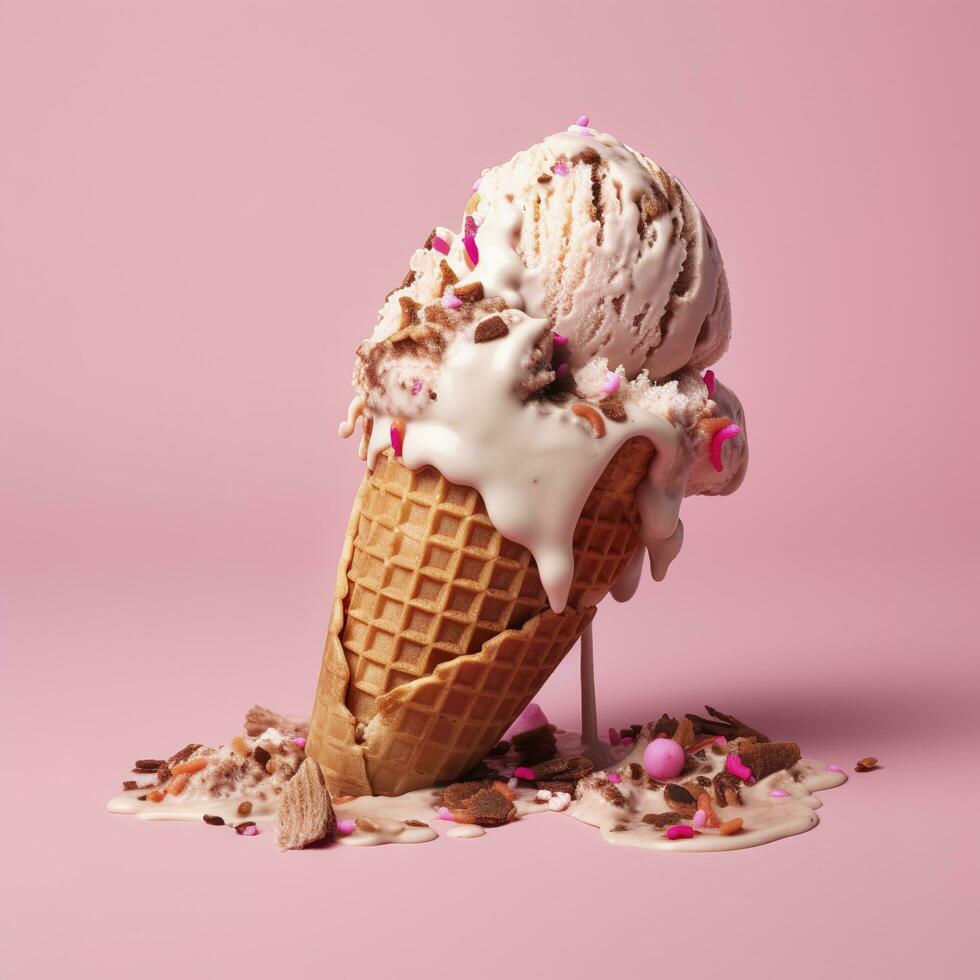 een vernietigd wafel ijshoorntje met gesmolten ijs room Aan een roze achtergrond, genereren ai foto