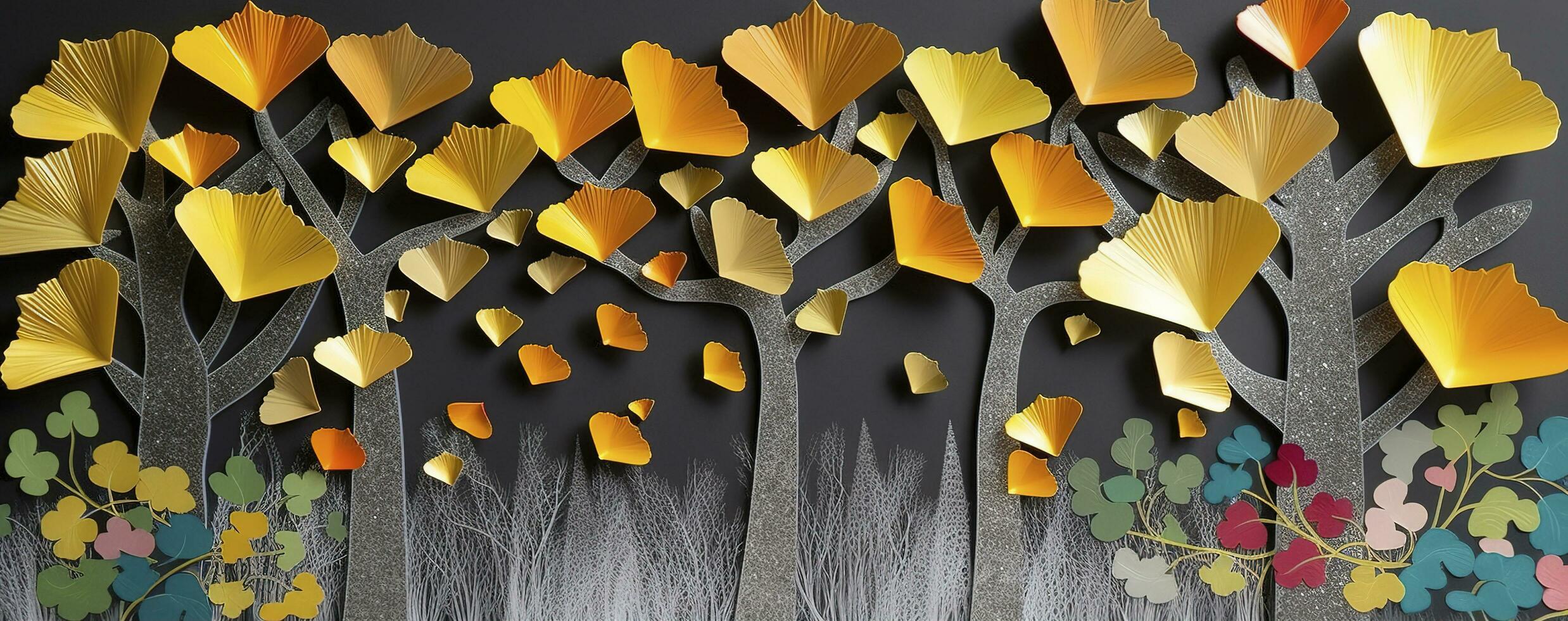 3d kleurrijk illustratie van ginkgo bladeren, hert, en bladeren in donker achtergrond. minimalistische hand geschilderd canvas kunst muur kader decor, genereren ai foto