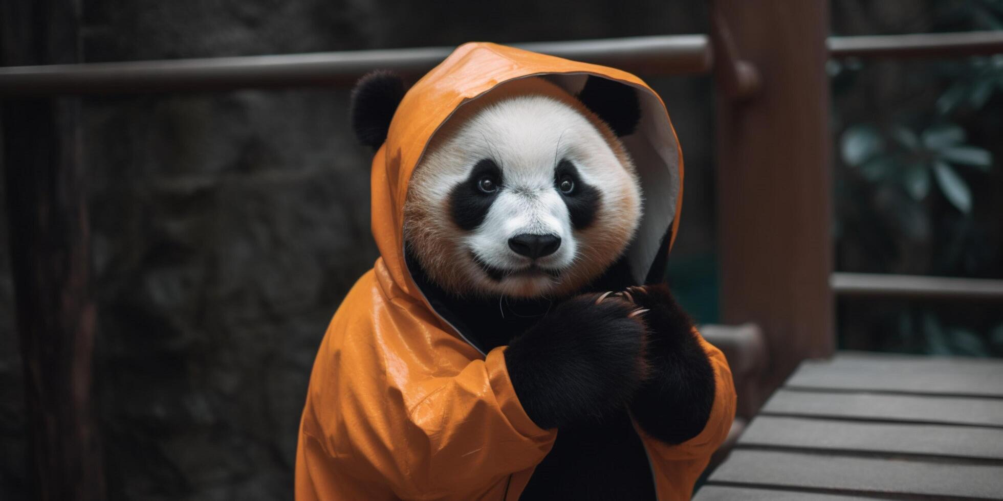 panda met oranje jasje en capuchon ai gegenereerd foto