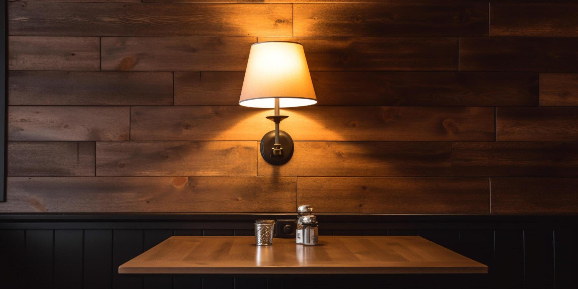 houten tafel in restaurant met lamp ai gegenereerd foto