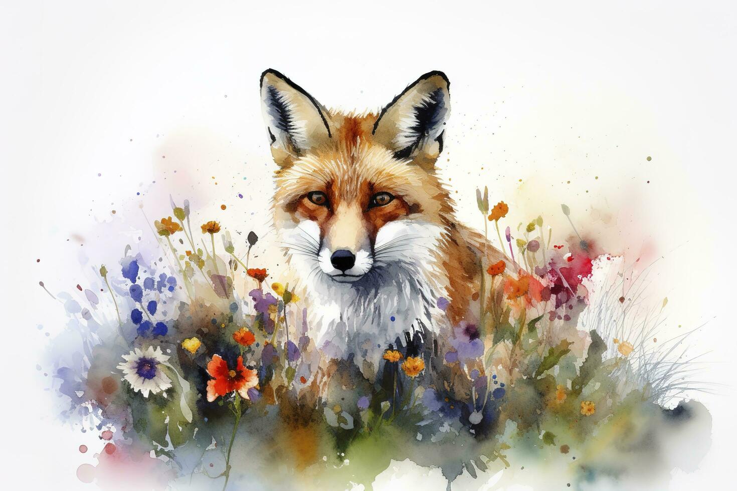 een vos in een veld- van bloemen, waterverf schilderen, mooi natuurlijk vormen, knapperig schoon vormen, kleurrijk, wit achtergrond, genereren ai foto
