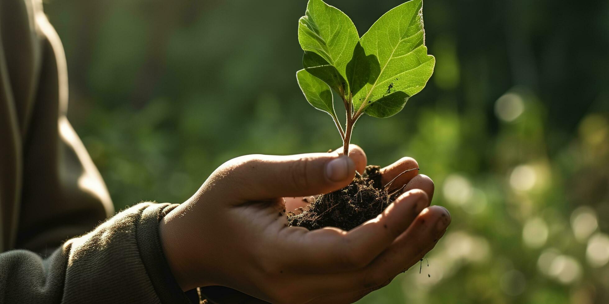 een kind Holding een fabriek in hun handen met een groen achtergrond en zonlicht schijnend door de bladeren Aan de plant, genereren ai foto