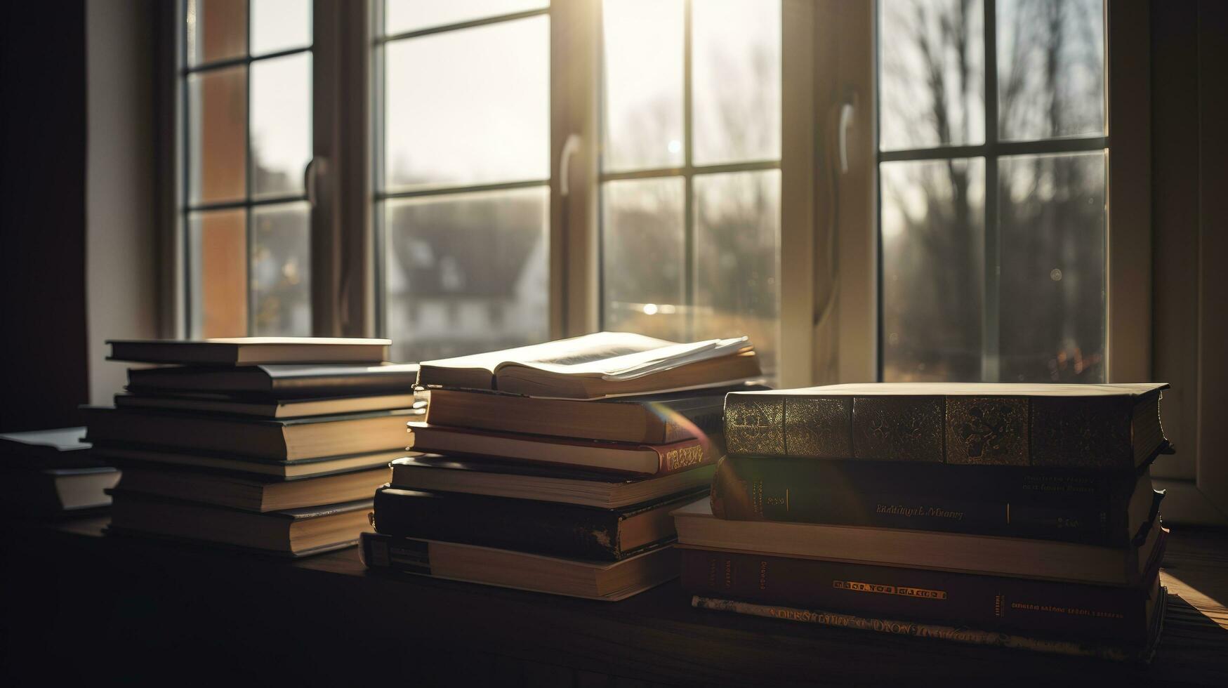 stack van oud boeken in natuur Aan houten bord met wazig groen achtergrond, genereren ai foto