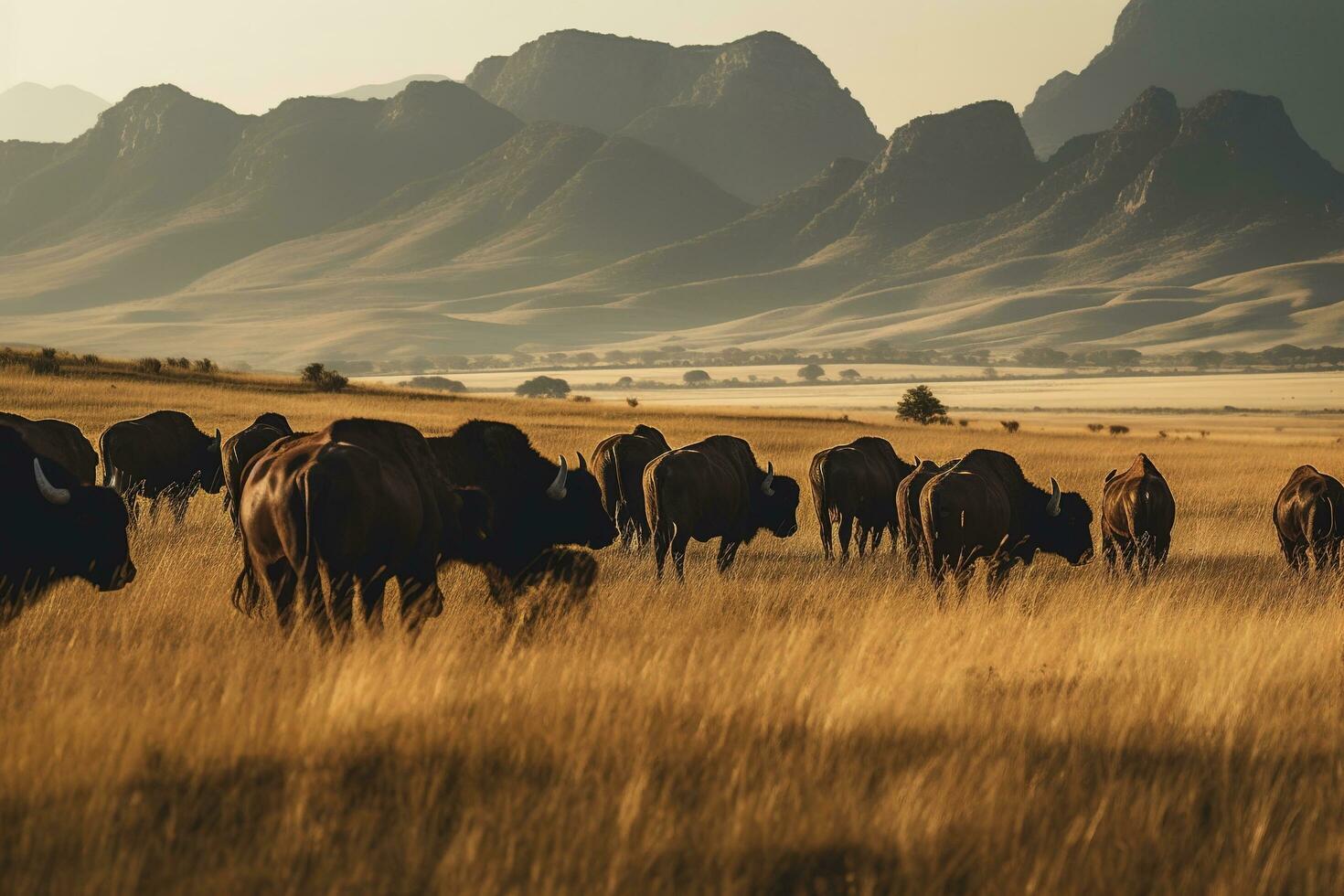 kaap buffels begrazing in de vroeg ochtend- gouden zon. , genereren ai foto