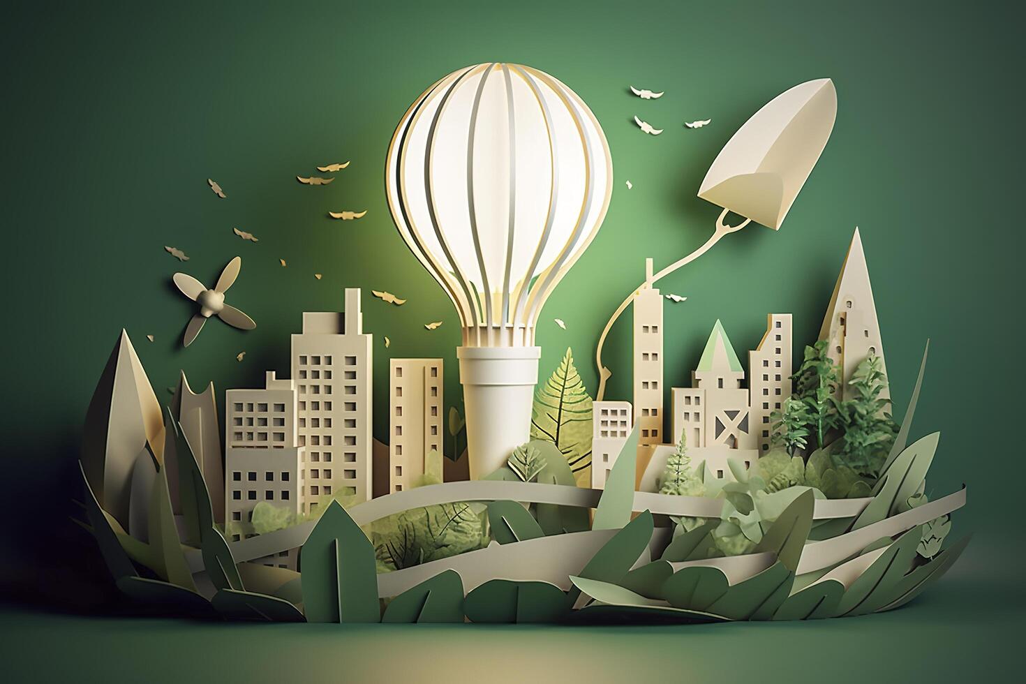 papier besnoeiing van licht lamp met groen eco stad , hernieuwbaar energie door 2050 koolstof neutrale energie of kas gas- emissie co2 , opslaan energie creatief idee concept , generatief ai foto