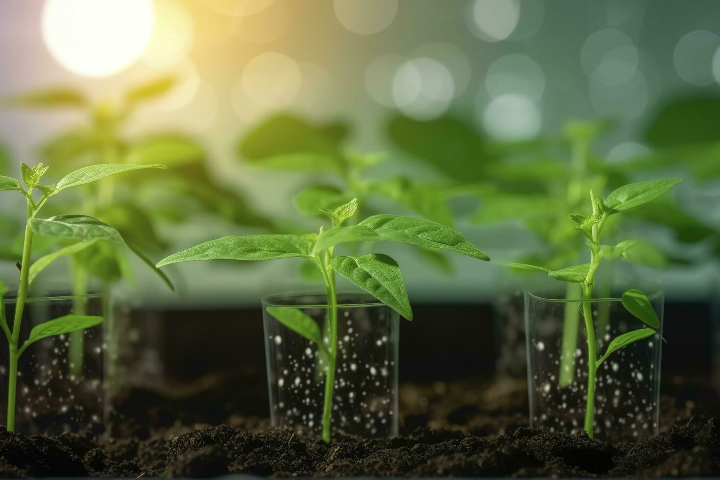 agrarisch technologieën voor groeit planten en wetenschappelijk Onderzoek in de veld- van biologie en chemie van natuur. leven groen spruit in de handen van een boer, genereren ai foto