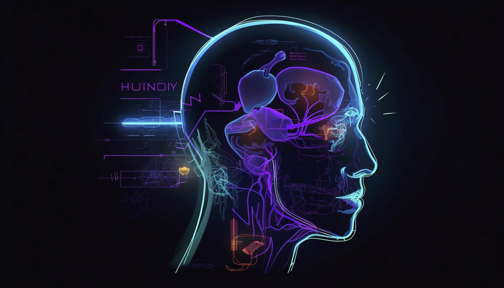 kunstmatig intelligentie, een humanoid cyber menselijk met een neurale netwerk denkt na. ai concept van groot gegevens of cyber veiligheid. babbelen gpt concept. ai met een digitaal hersenen processen groot gegevens. generatief ai foto