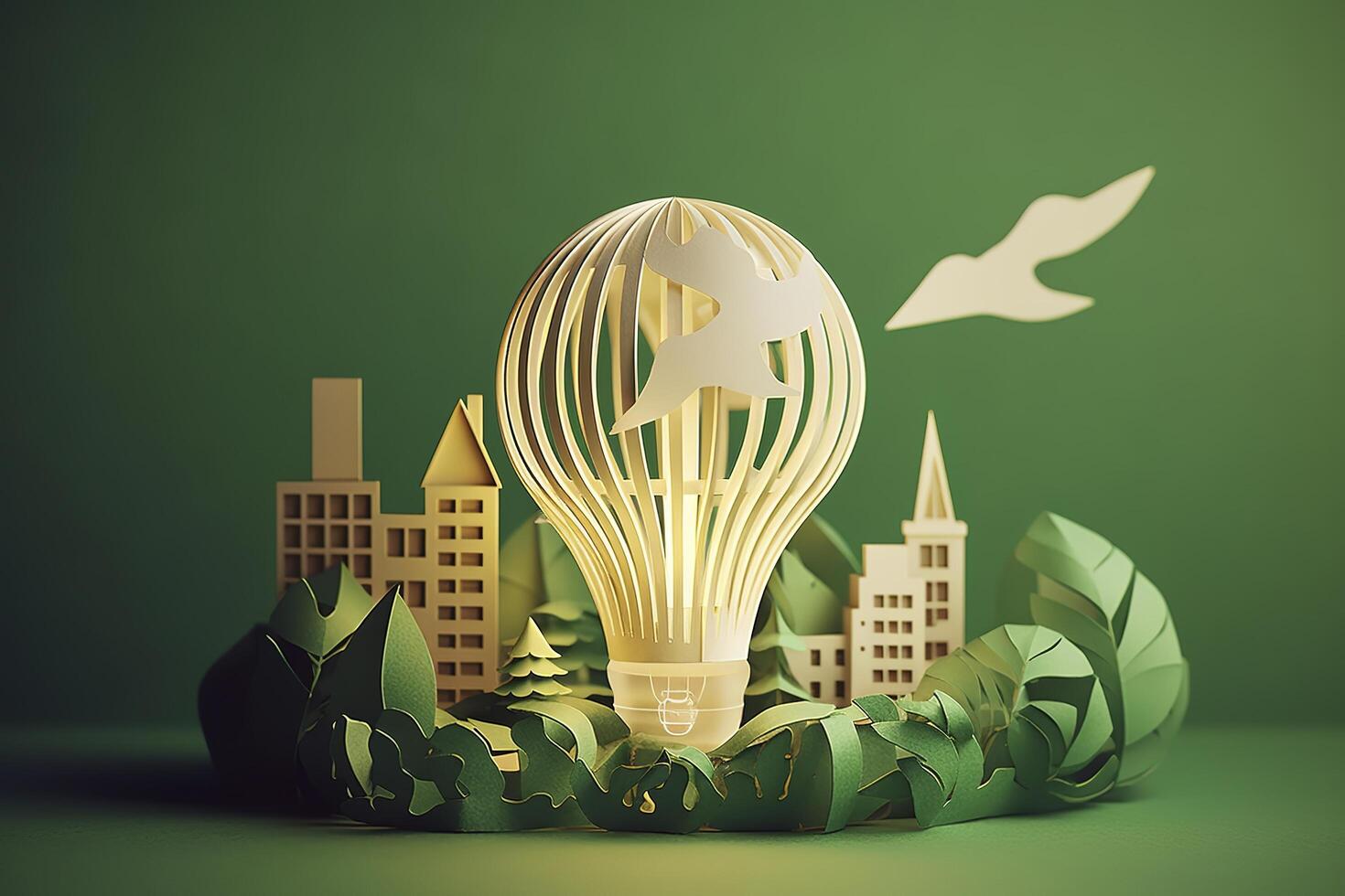 papier besnoeiing van licht lamp met groen eco stad , hernieuwbaar energie door 2050 koolstof neutrale energie of kas gas- emissie co2 , opslaan energie creatief idee concept , generatief ai foto