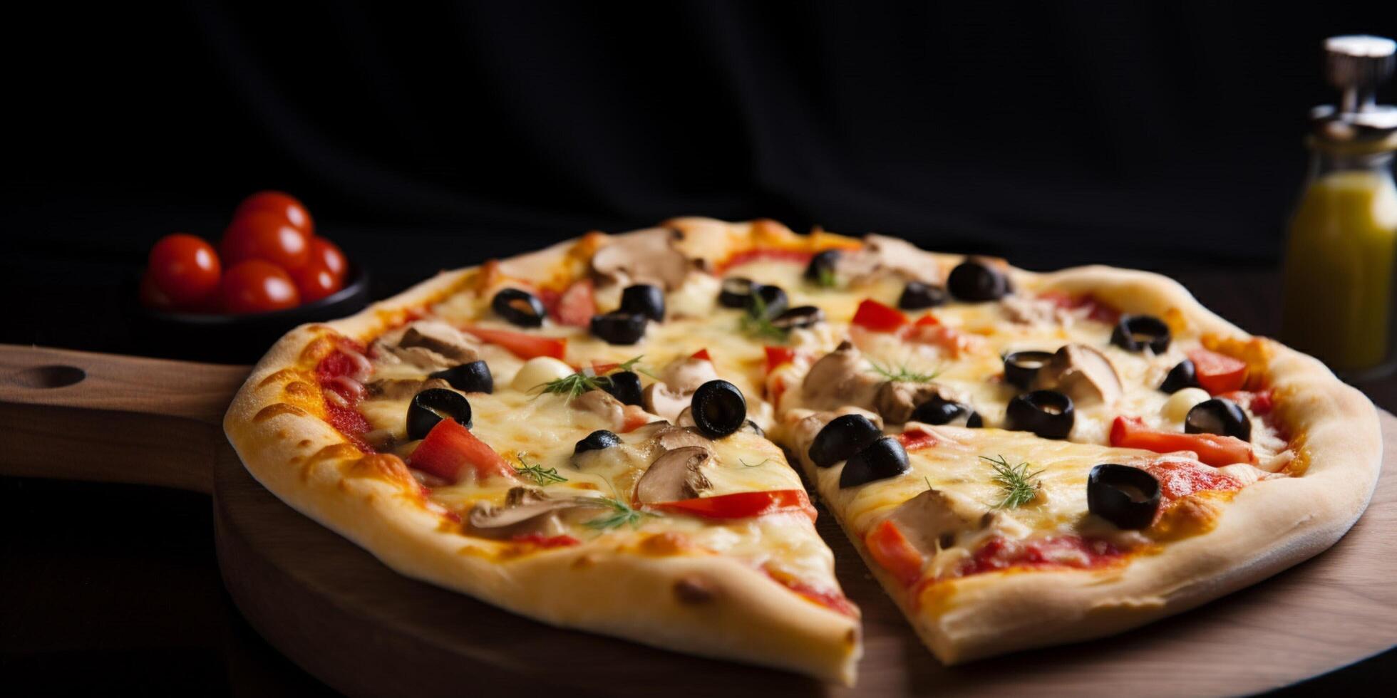 een pizza met tomaten en olijven ai gegenereerd foto
