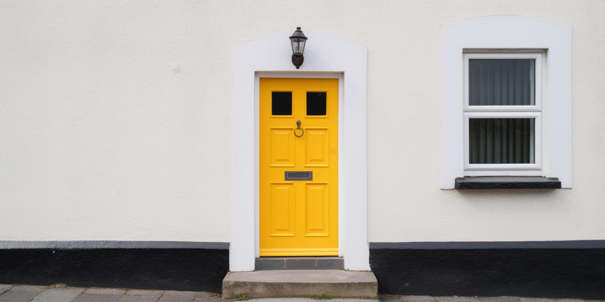 een klein wit huis met geel deur ai gegenereerd foto