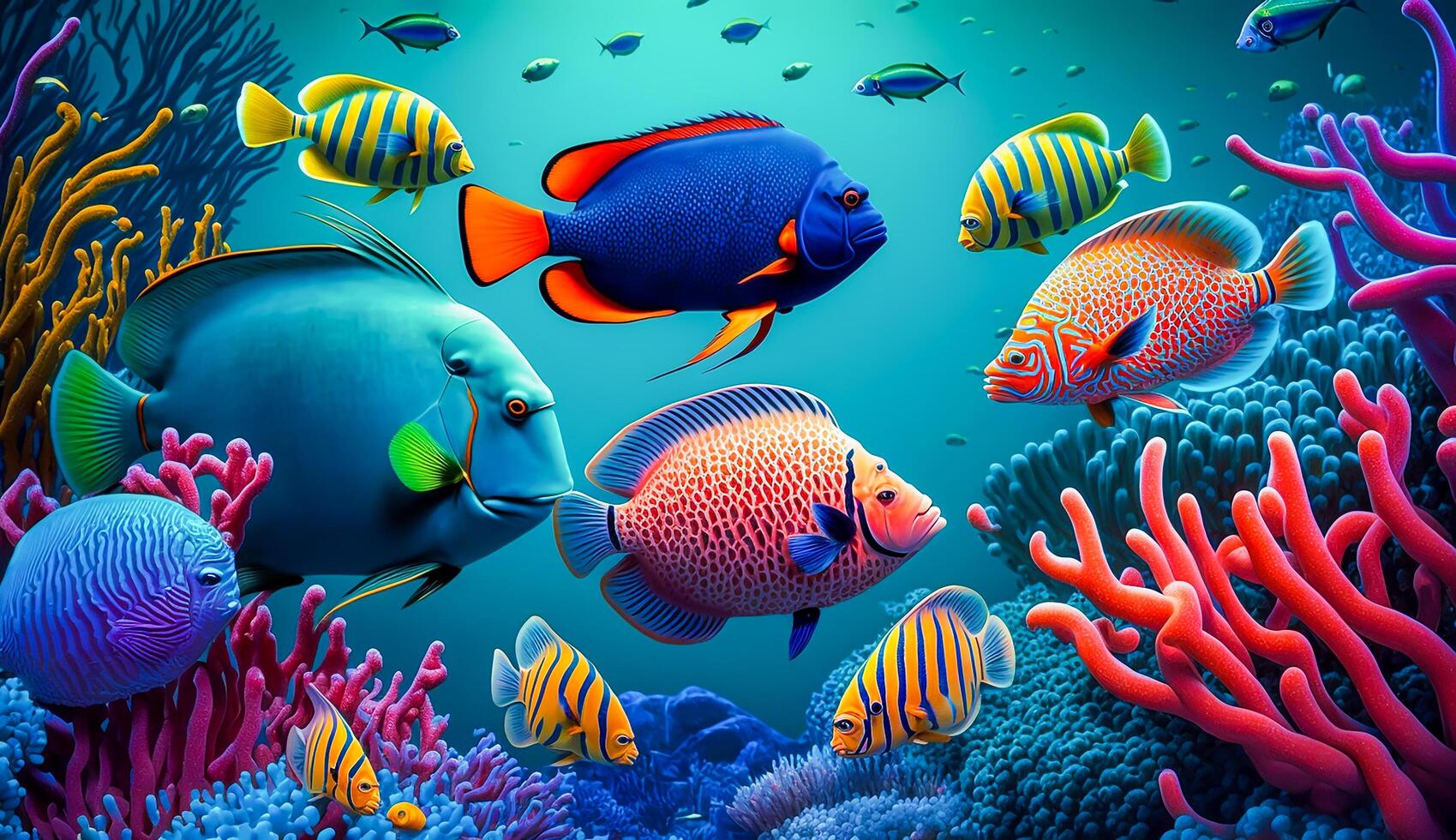 groep van kleurrijk vis en zee dieren met kleurrijk koraal onderwater- in oceaan, generatief ai foto