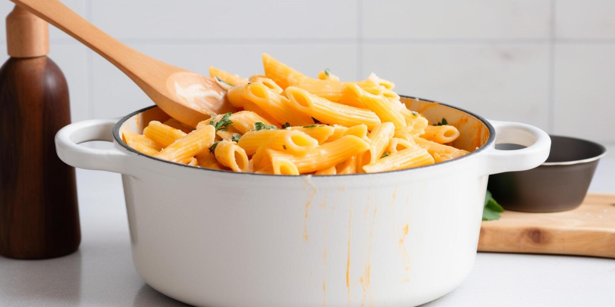 een pot van pasta met een lepel ai gegenereerd foto