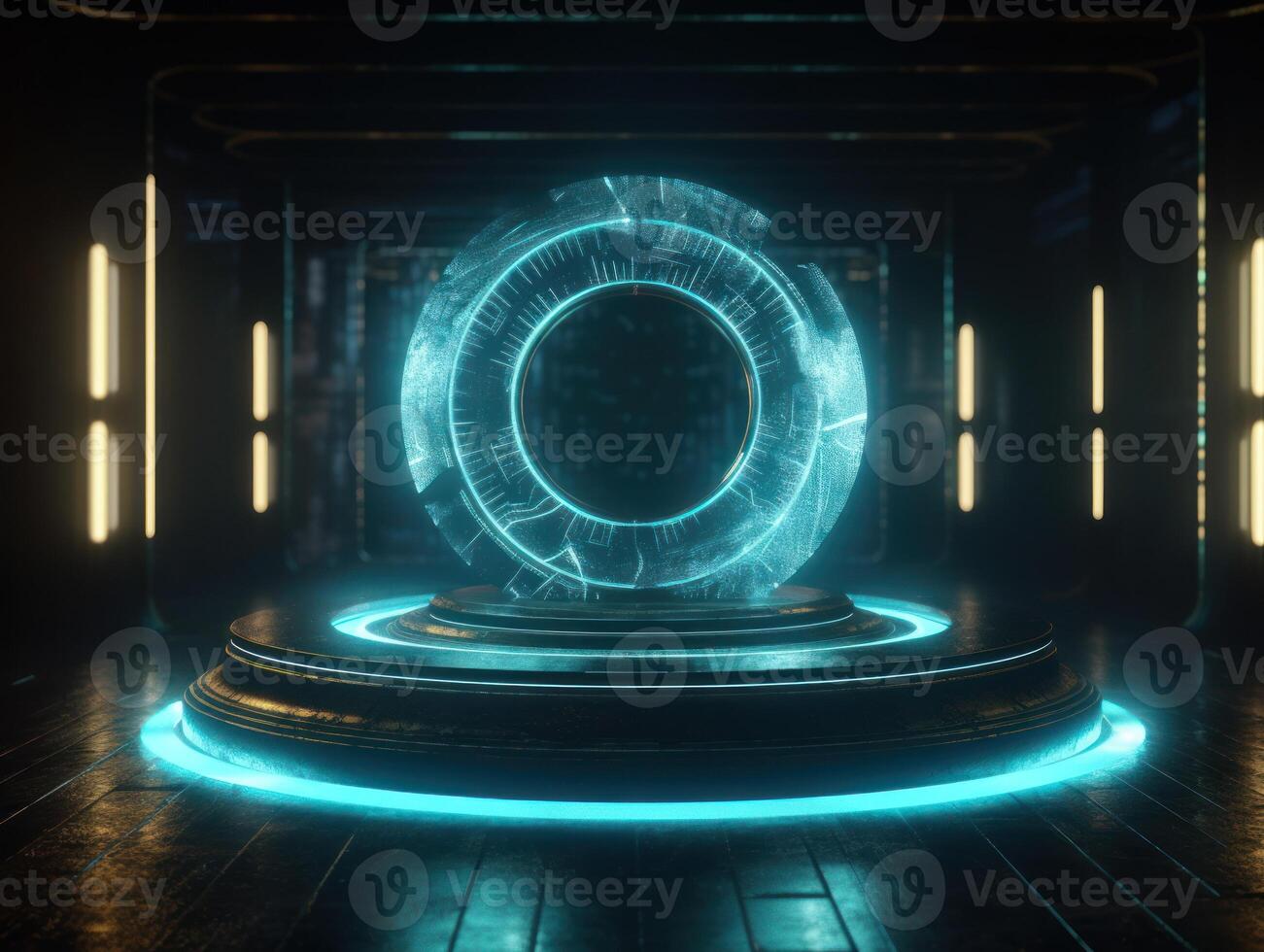 fantastisch cirkel hologrammen magie portalen. futuristische ronde stadium met neon lichten. gloeiend ronde stadium Aan een donker achtergrond. gemaakt met generatief ai technologie foto