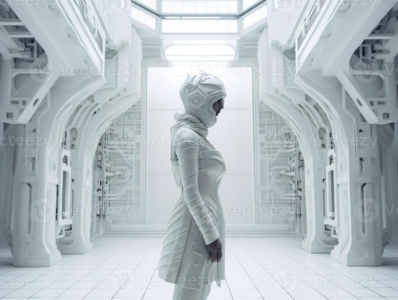 een futuristische vrouw mannequin in een wit jurk en masker staat in een futuristische wit kamer interieur symmetrisch samenstelling gemaakt met generatief ai technologie foto