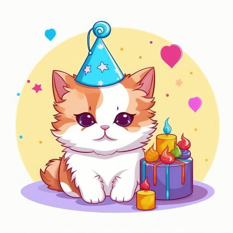 verjaardag kat met taart. illustratie ai generatief foto
