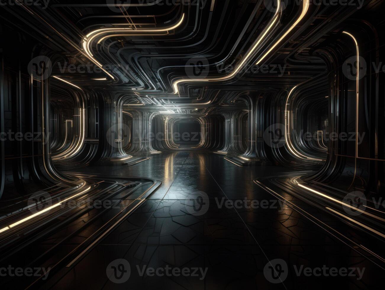 abstract futuristische tunnel gang met gloeiend lichten en reflecties wetenschap fictie stijl gemaakt met generatief ai technologie foto