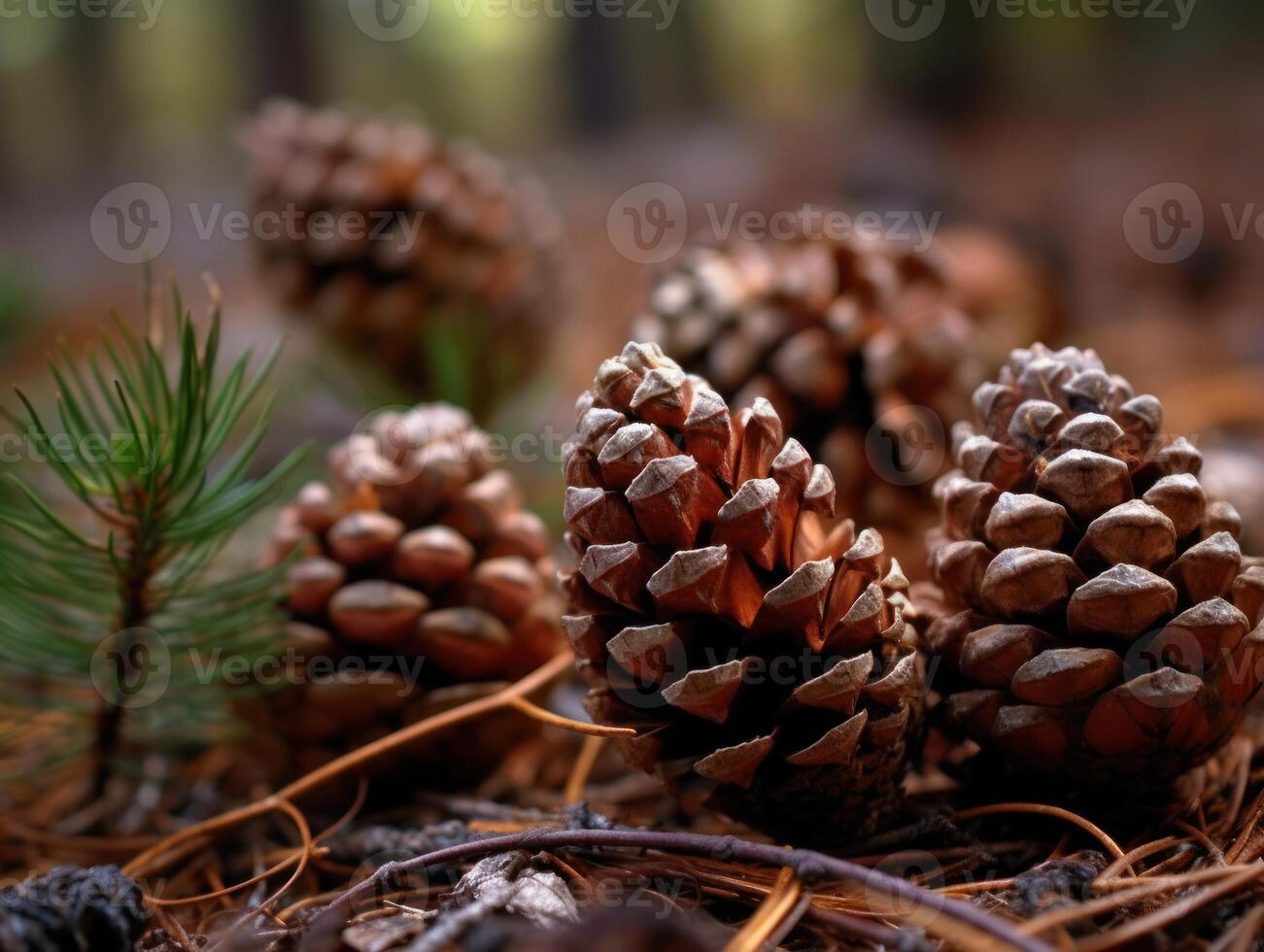 pijnboom kegels in de Woud. selectief focus. gemaakt met generatief ai technologie. foto