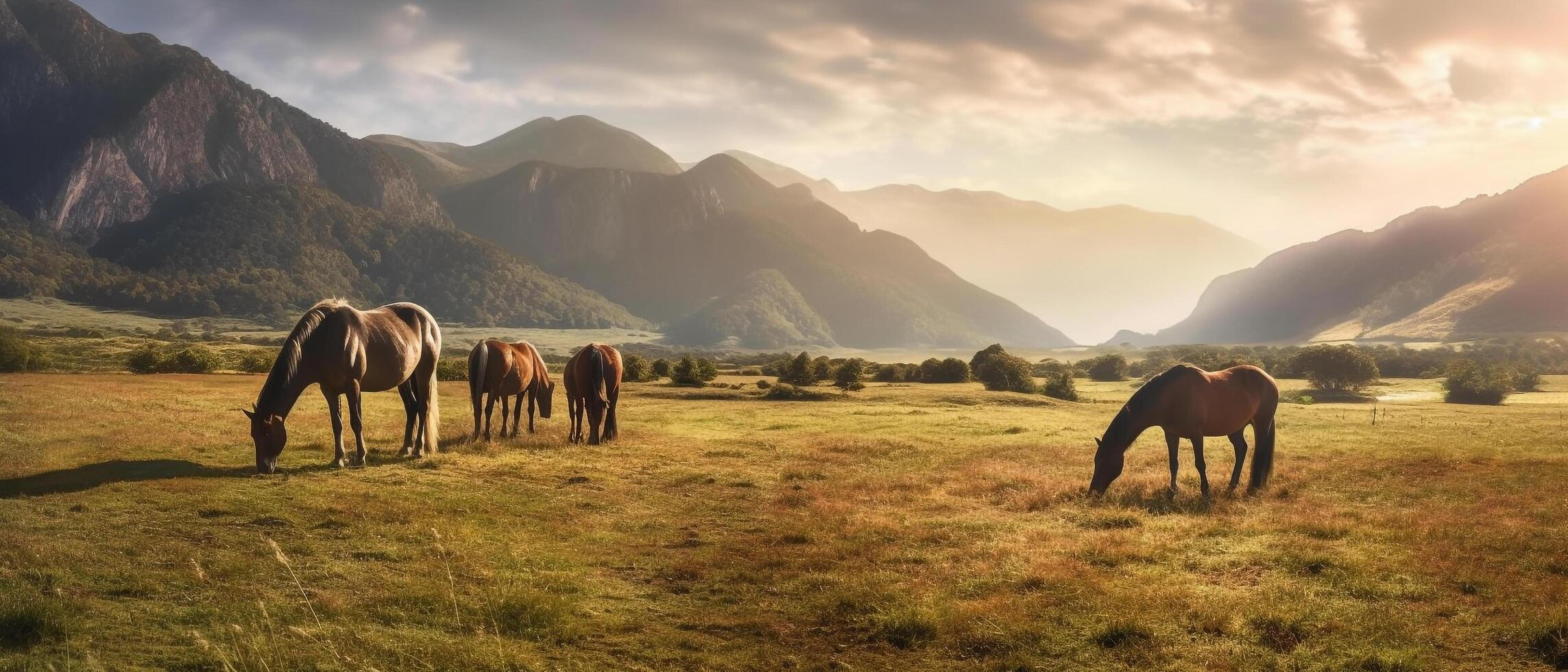 volbloed paarden begrazing met groen mooi berg achtergrond in ochtend, ai generatief foto