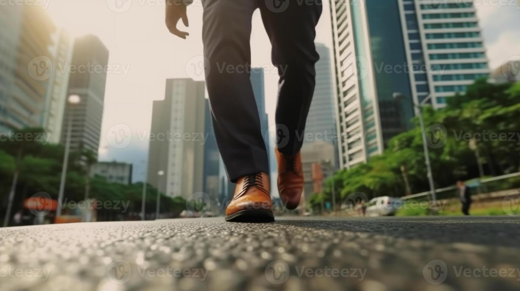 zakenman wandelen Aan weg en begin naar succes, dichtbij omhoog schoenen wandelen, doel en doelwit concept, generatief ai foto