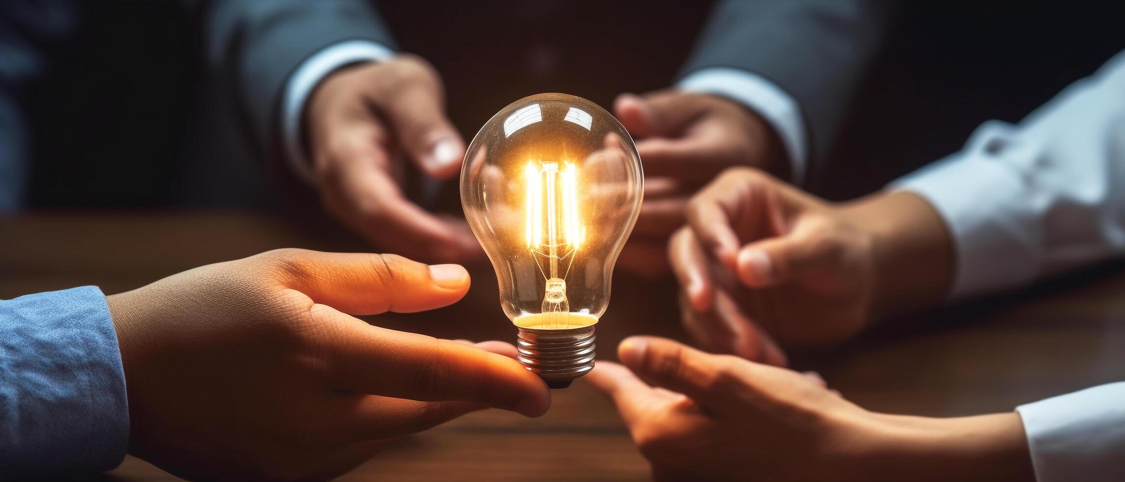 hand- van bedrijf Mens Holding licht lamp met innovatie en idee bedrijf mensen schaven en analyse werk in kantoor, droom team en team werk concept, generatief ai foto